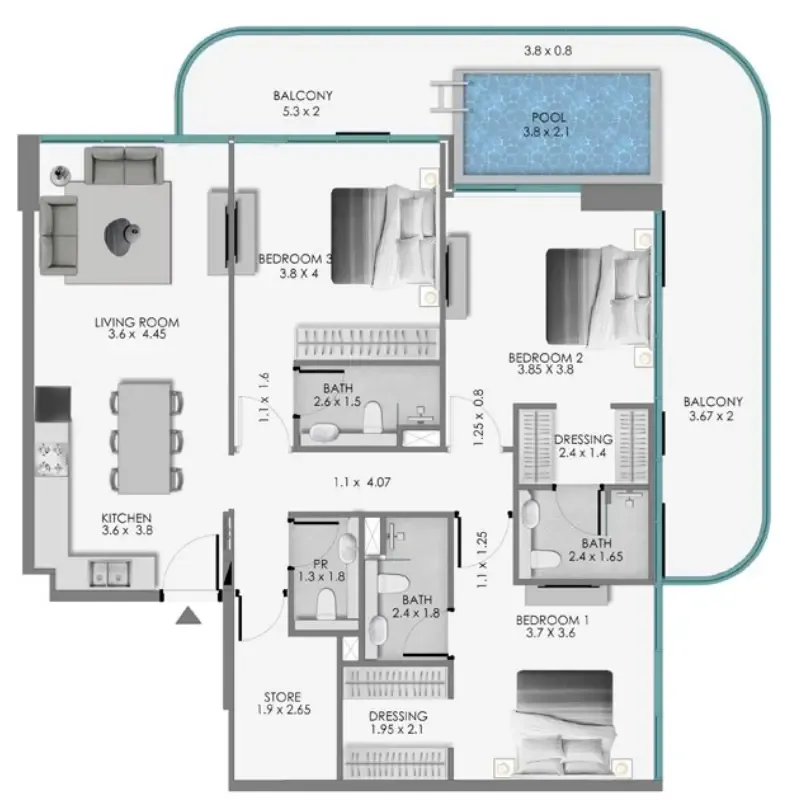 Samana Ocean Bay 3 bed floor plan, 1,739 sqft