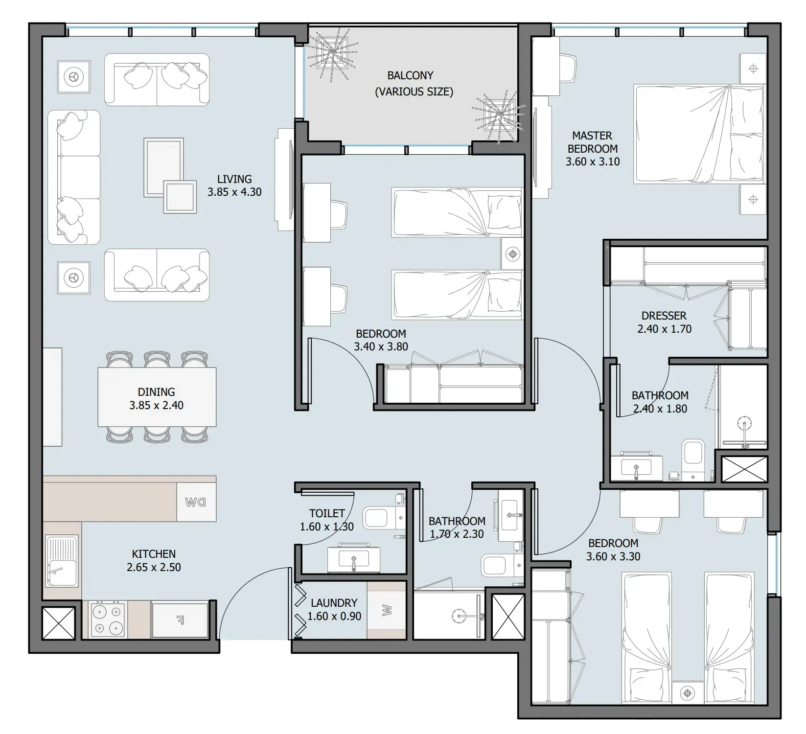 The District 3 bed floor plan, 1,290 sqft