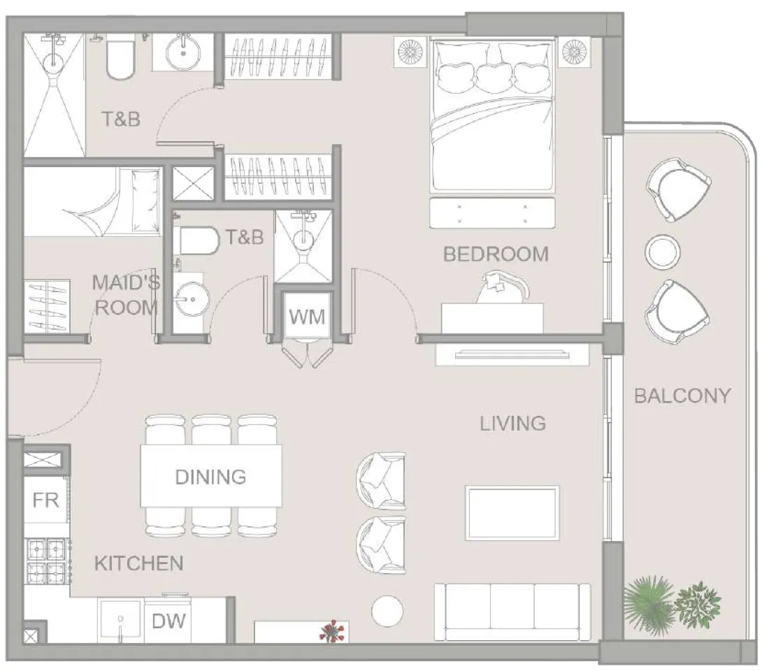 TETR1S Tower 1 bed floor plan, 760 sqft
