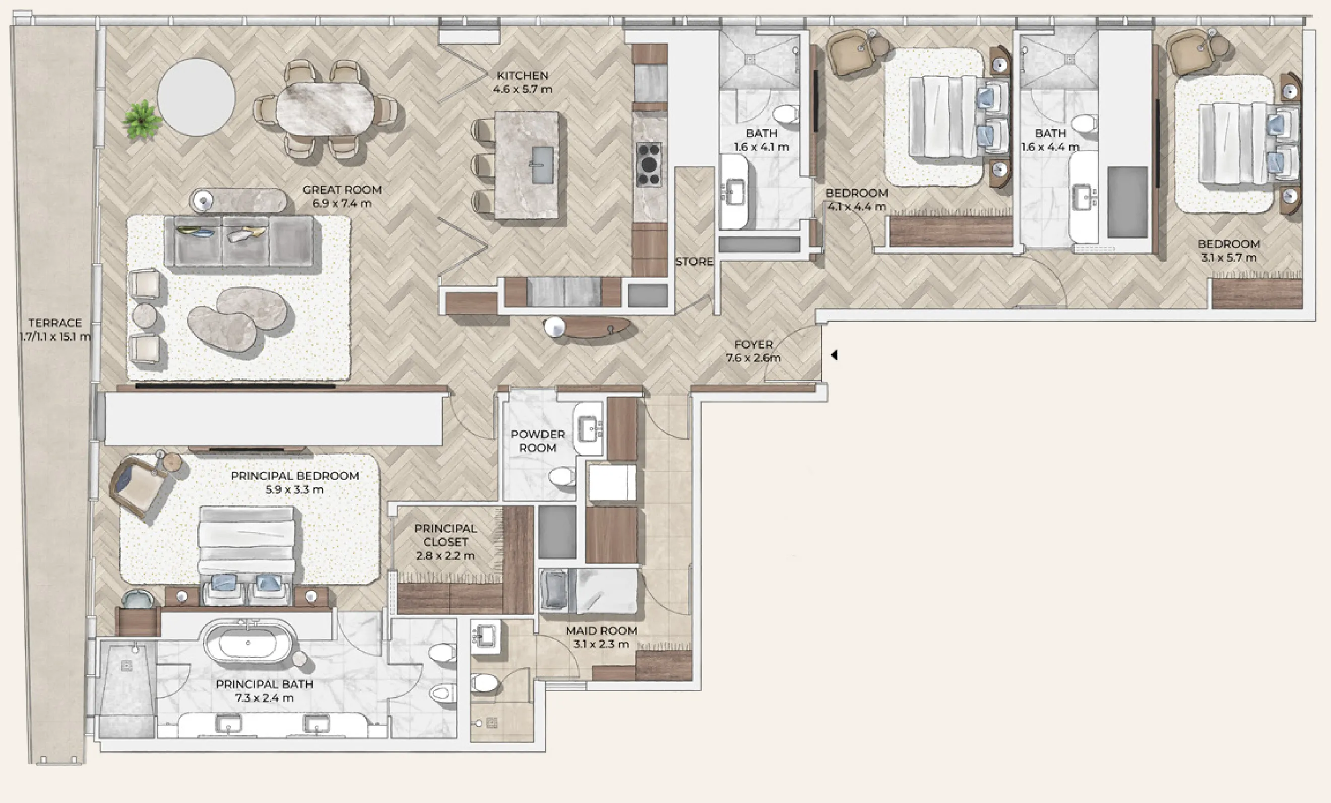 Mr. C Residences Downtown 3 bed floor plan, 3,051 – 3,059 sqft