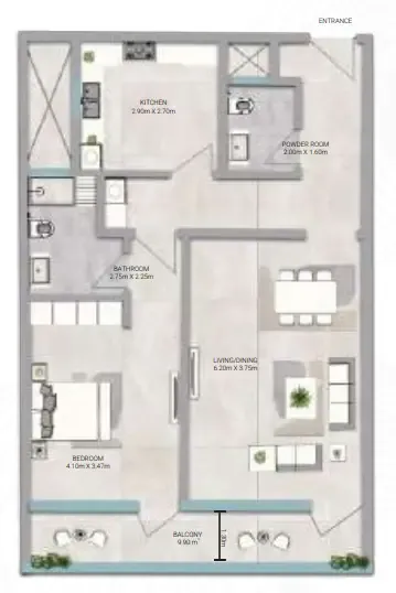 Amwaj Tower 1 bed floor plan, 1,267 sqft