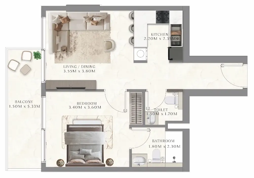 Aum 99 Residences 1 bed floor plan, 539 sqft