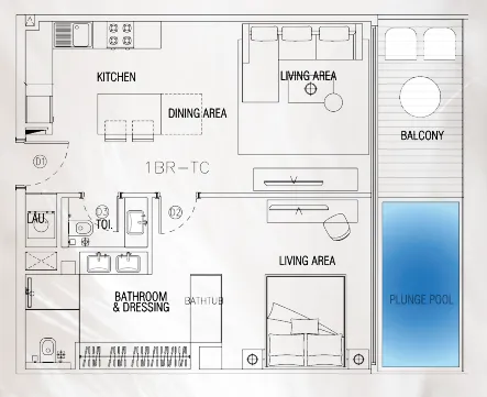 Sky Suites 1 bed floor plan, 830 sqft