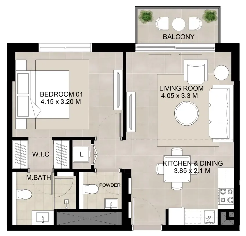 Augusta 1 bed floor plan, 645 sqft
