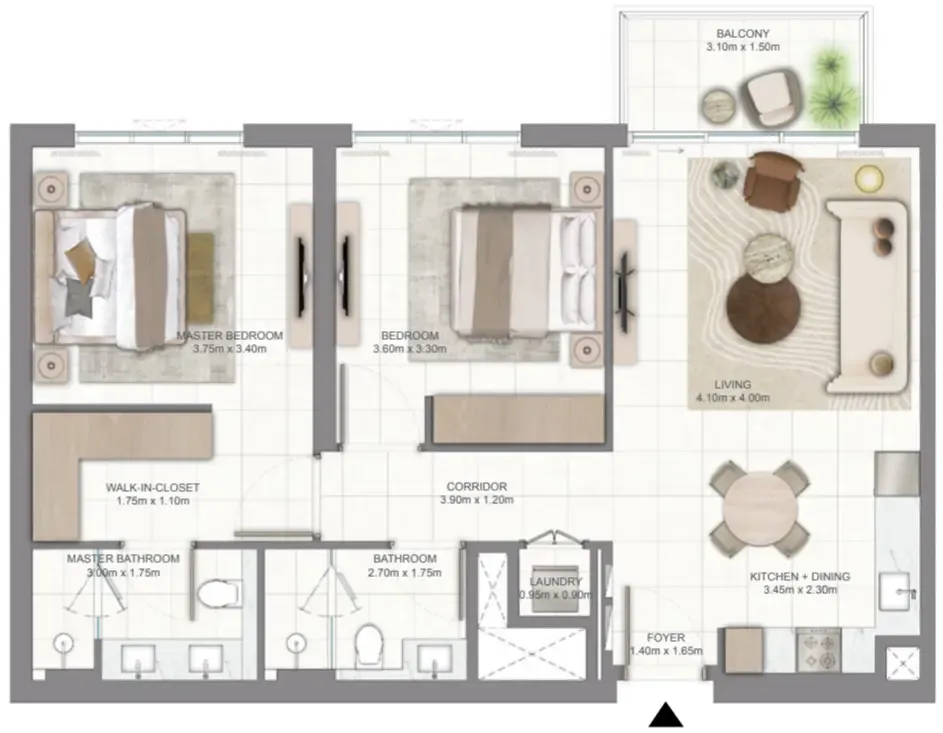 Golf Vale 2 bed floor plan, 986 – 987 sqft