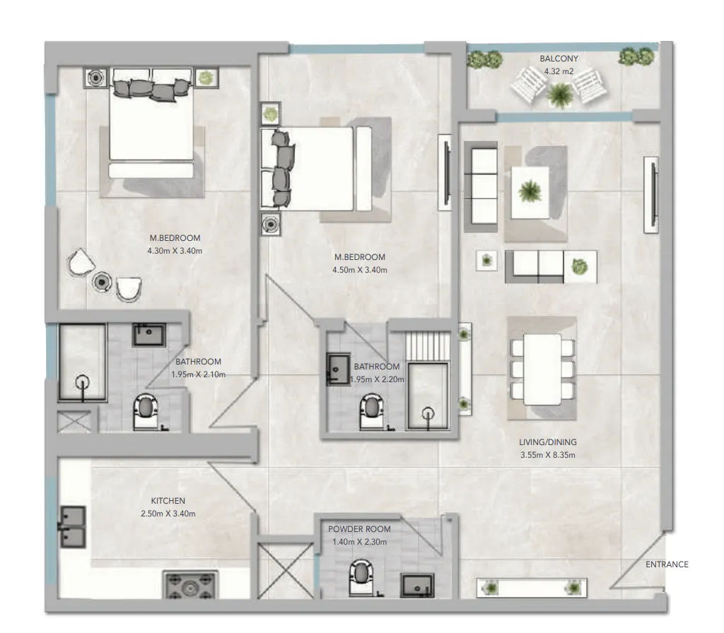 Al Aamra 3 Tower 2 bed floor plan, 1,516 sqft