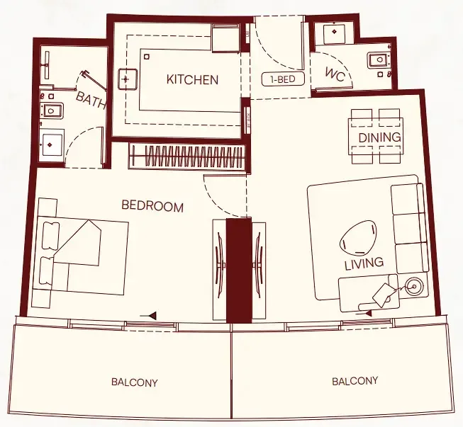 Binghatti Skyflame 1 bed floor plan, 740 – 826 sqft