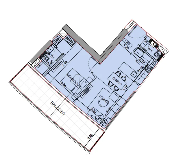Binghatti Aquarise 1 bed floor plan, 824 sqft