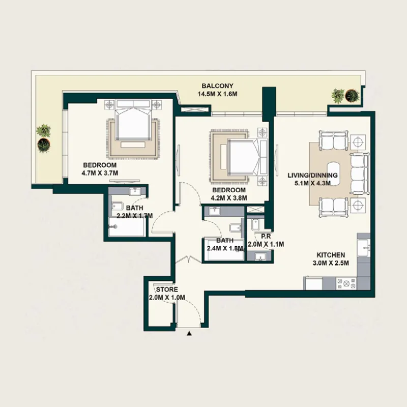 Exotica by Al Marina 2 bed floor plan, 1,363 sqft