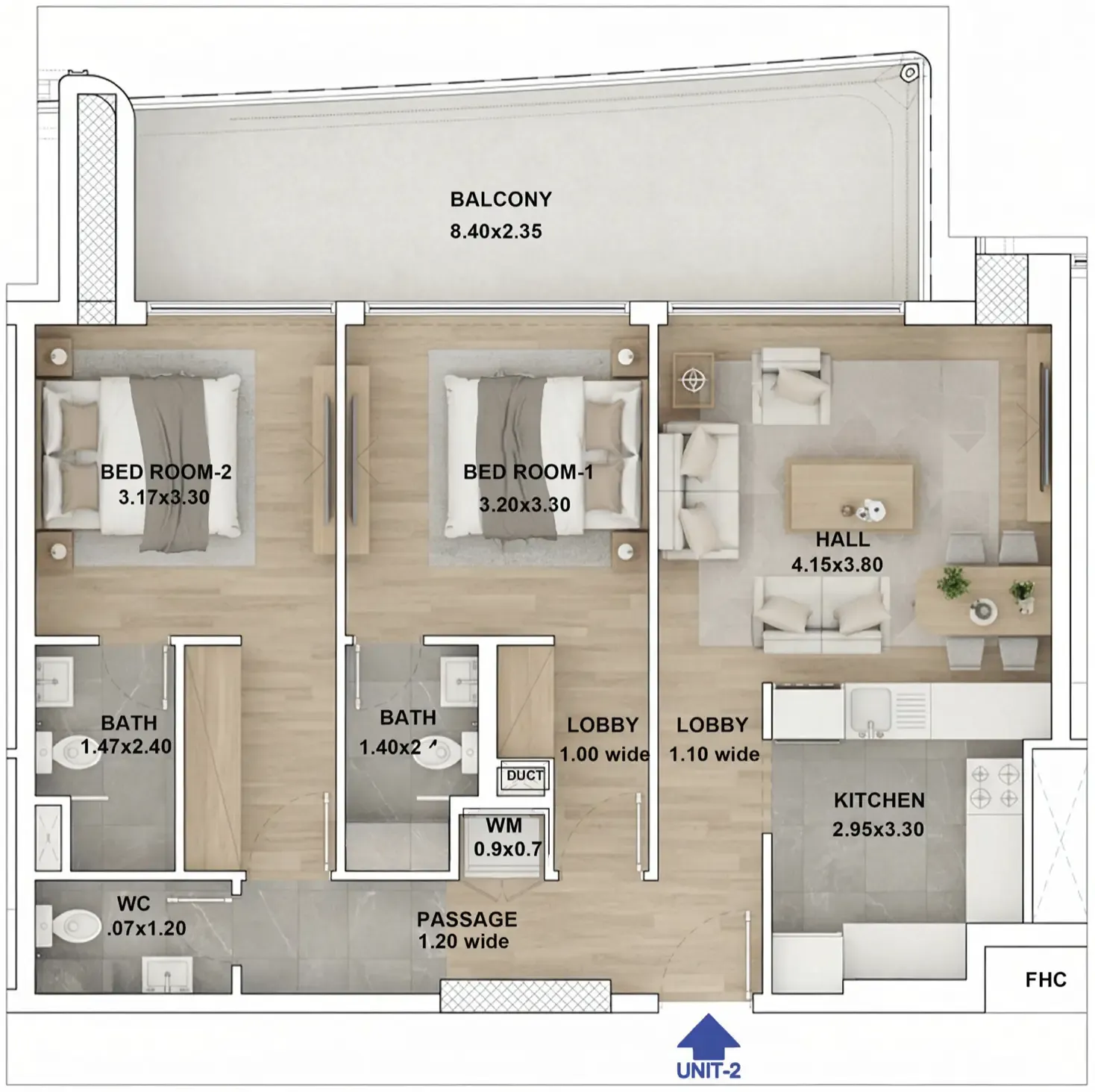 RR Residence 2 bed floor plan, 1,083 sqft