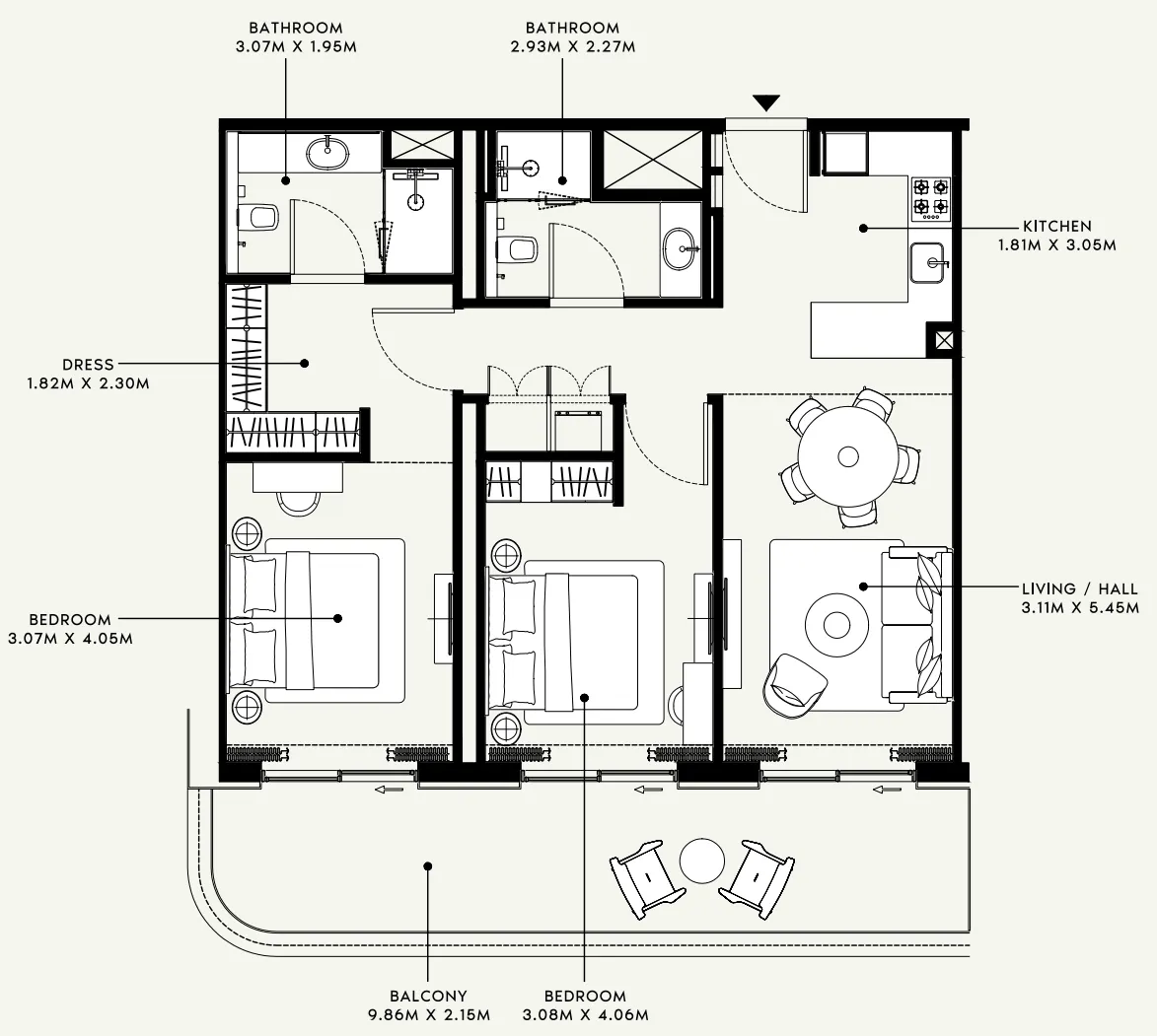 Azizi Venice 2 bed floor plan, 1,154 sqft