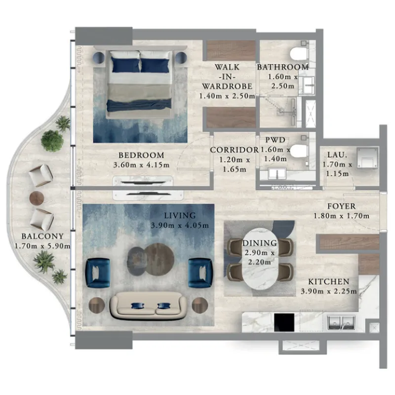 Royal Yacht Club Residence 1 bed floor plan, 825 sqft