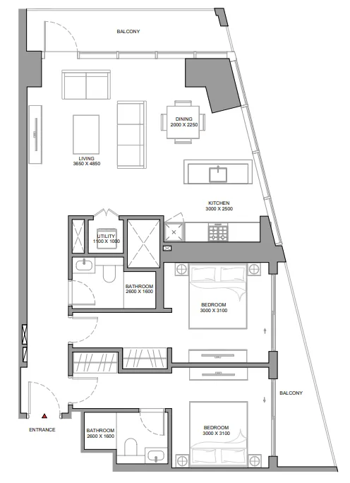 The Eden at Sobha Central 2 bed floor plan, 1,202 sqft