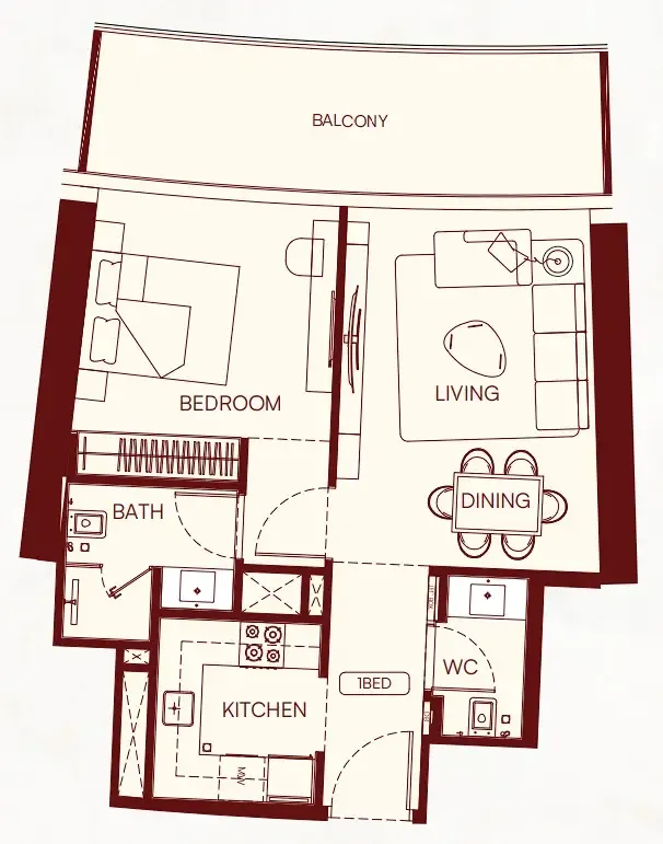 Binghatti Skyflame 1 bed floor plan, 724 sqft