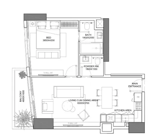 Marina Star 1 bed floor plan, 713 sqft