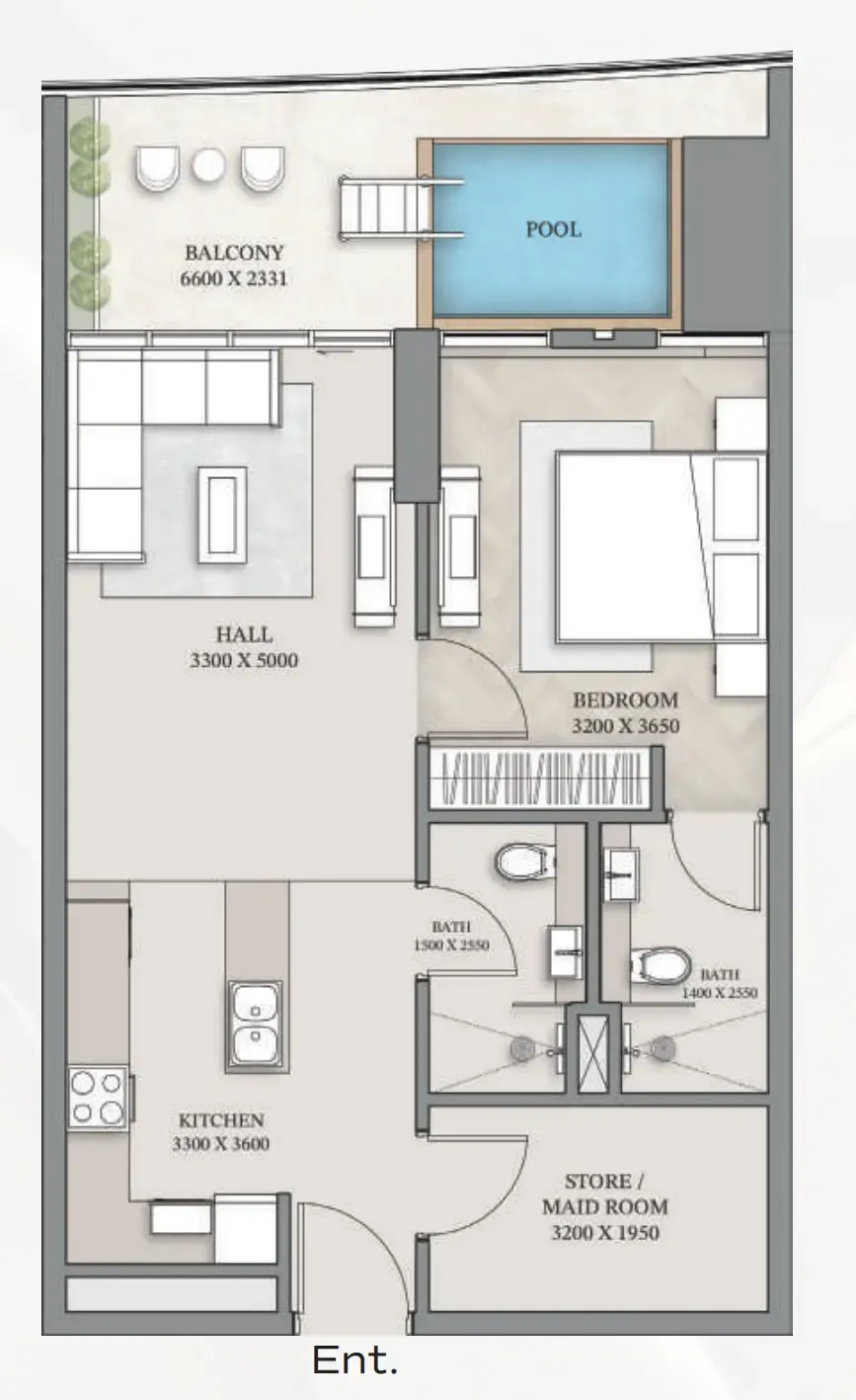 Empire Gardens 1 bed floor plan, 840 sqft