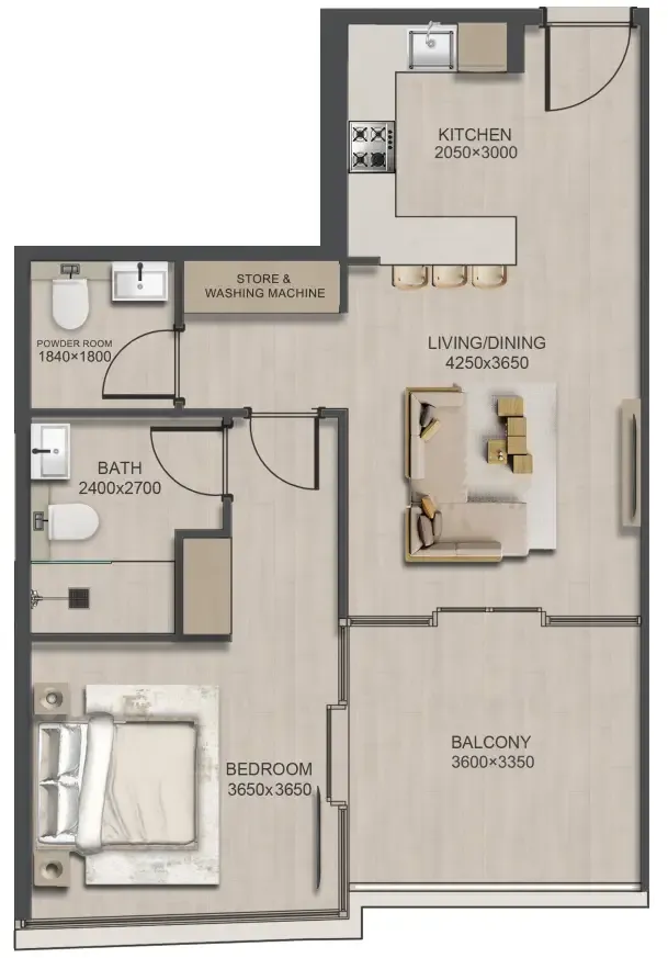 J188 1 bed floor plan, 791 sqft