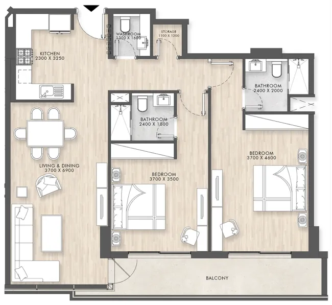 Capital Horizon Terraces 2 bed floor plan, 1,234 sqft