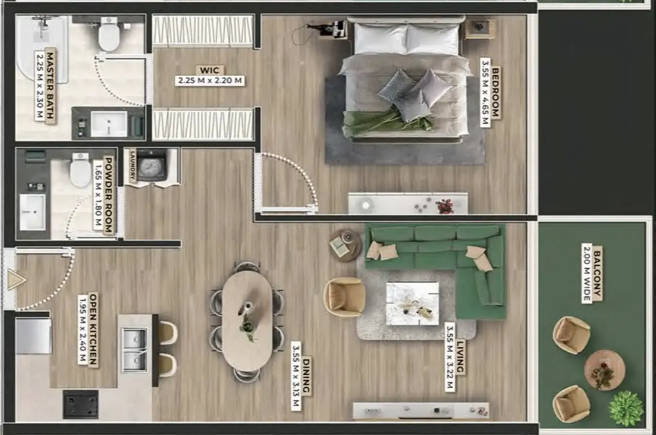 Firoza 1 bed floor plan, 836 sqft