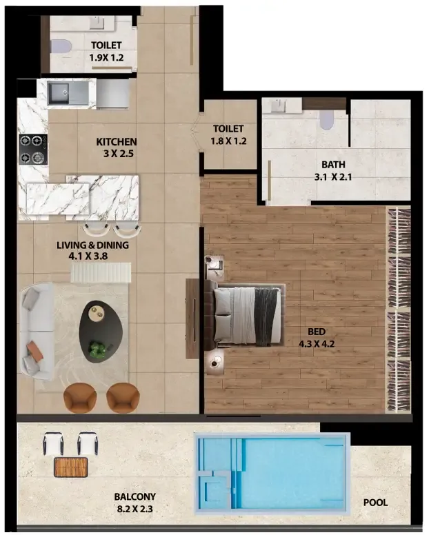 Marquis One 1 bed floor plan, 885 sqft
