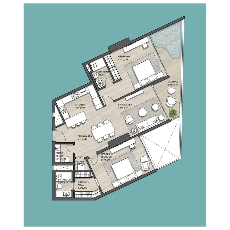 Vistal by Victoria Swarovski 2 bed floor plan, 1,411 sqft