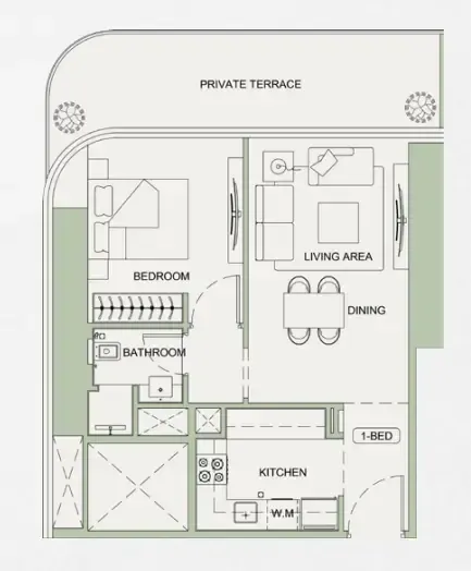 Binghatti Sky Terraces 1 bed floor plan, 711 sqft