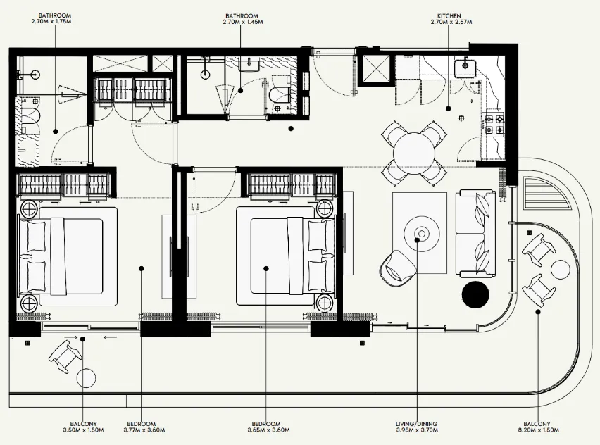 Azizi Venice 2 bed floor plan, 1,108 sqft