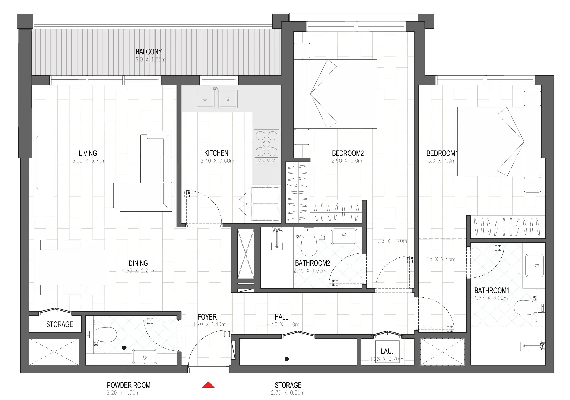 Olfah 2 bed floor plan, 1,154 sqft