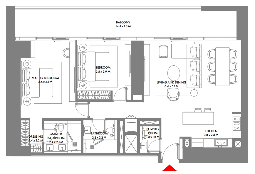 W The Residences by Arada 2 bed floor plan, 1,577 – 1,623 sqft