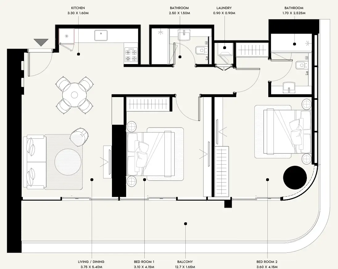 Azizi Milan 2 bed floor plan, 1,160 sqft