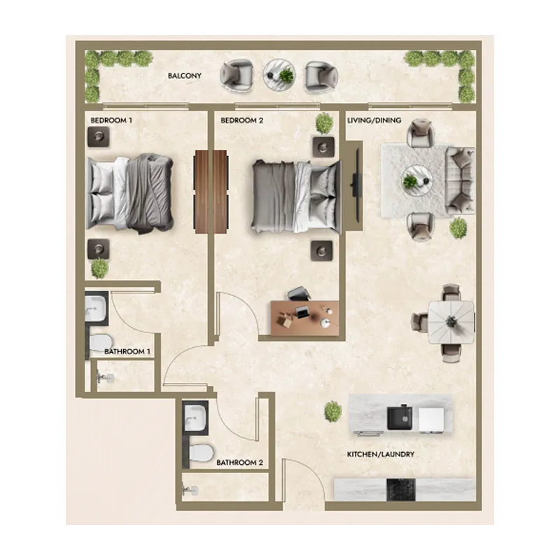 Greenfield Living 2 bed floor plan, 1,032 – 1,043 sqft