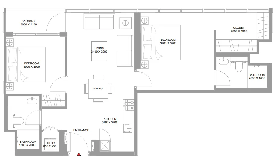 Bayside Marina Residences 2 bed floor plan, 841 sqft