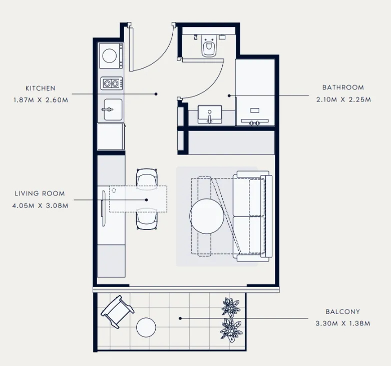 Azizi Venice Studio floor plan, 334 sqft