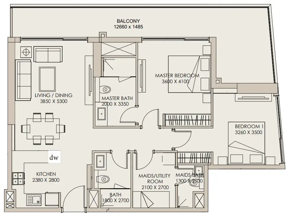 Nirvana Residences 1 2 bed floor plan, 1,282 sqft