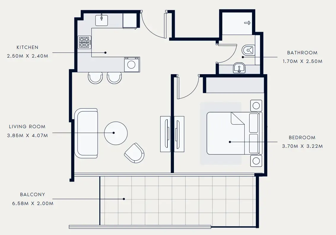 Riviera Azure 1 bed floor plan, 691 sqft