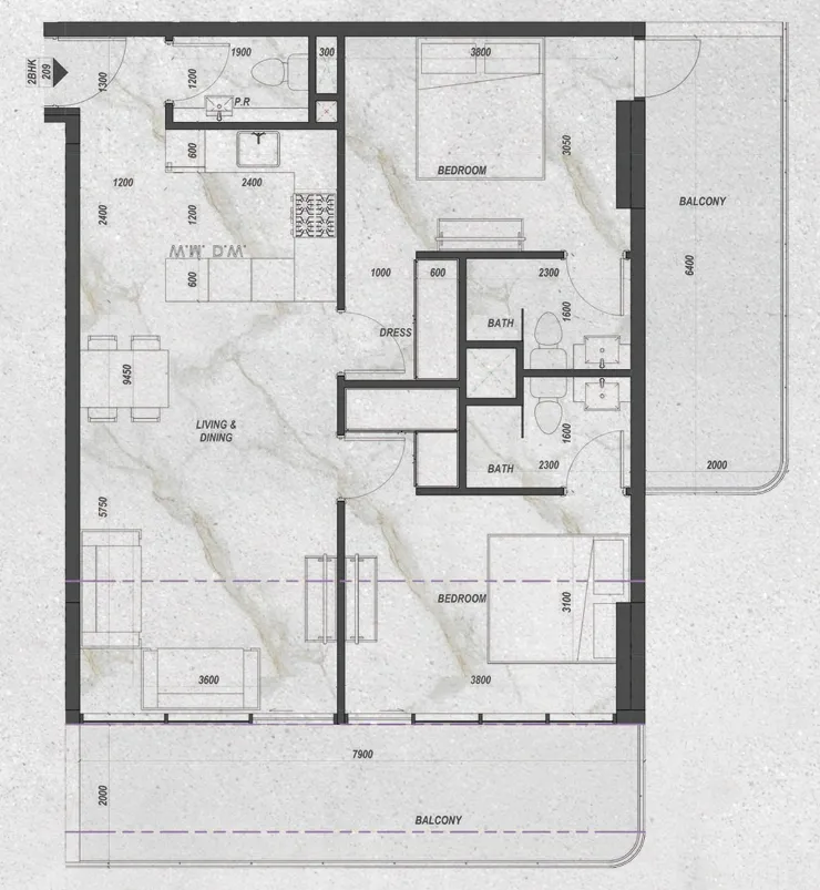 Zyra Hills 2 bed floor plan, 1,124 – 1,364 sqft