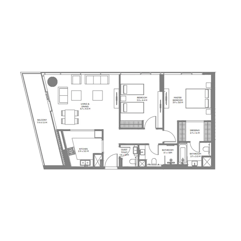 The Gate 6 2 bed floor plan, 1,272 sqft