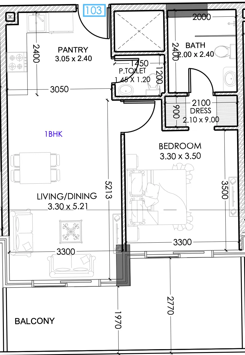 Terra Tower 1 bed floor plan, 721 sqft