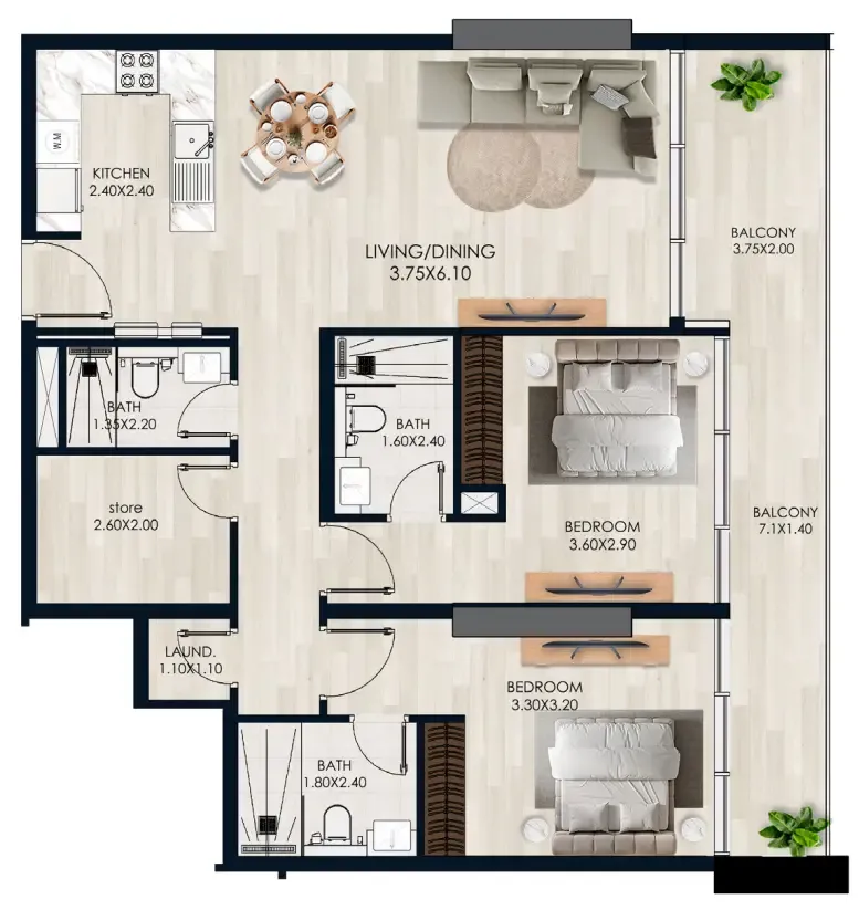 Verde by Vision 2 bed floor plan, 1,194 sqft