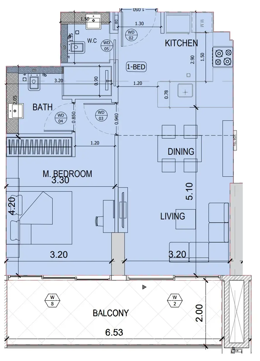 Binghatti Amberhall 1 bed floor plan, 738 sqft