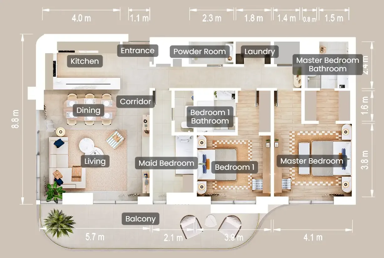 The Beach House Fahid 2 bed floor plan, 1,581 sqft