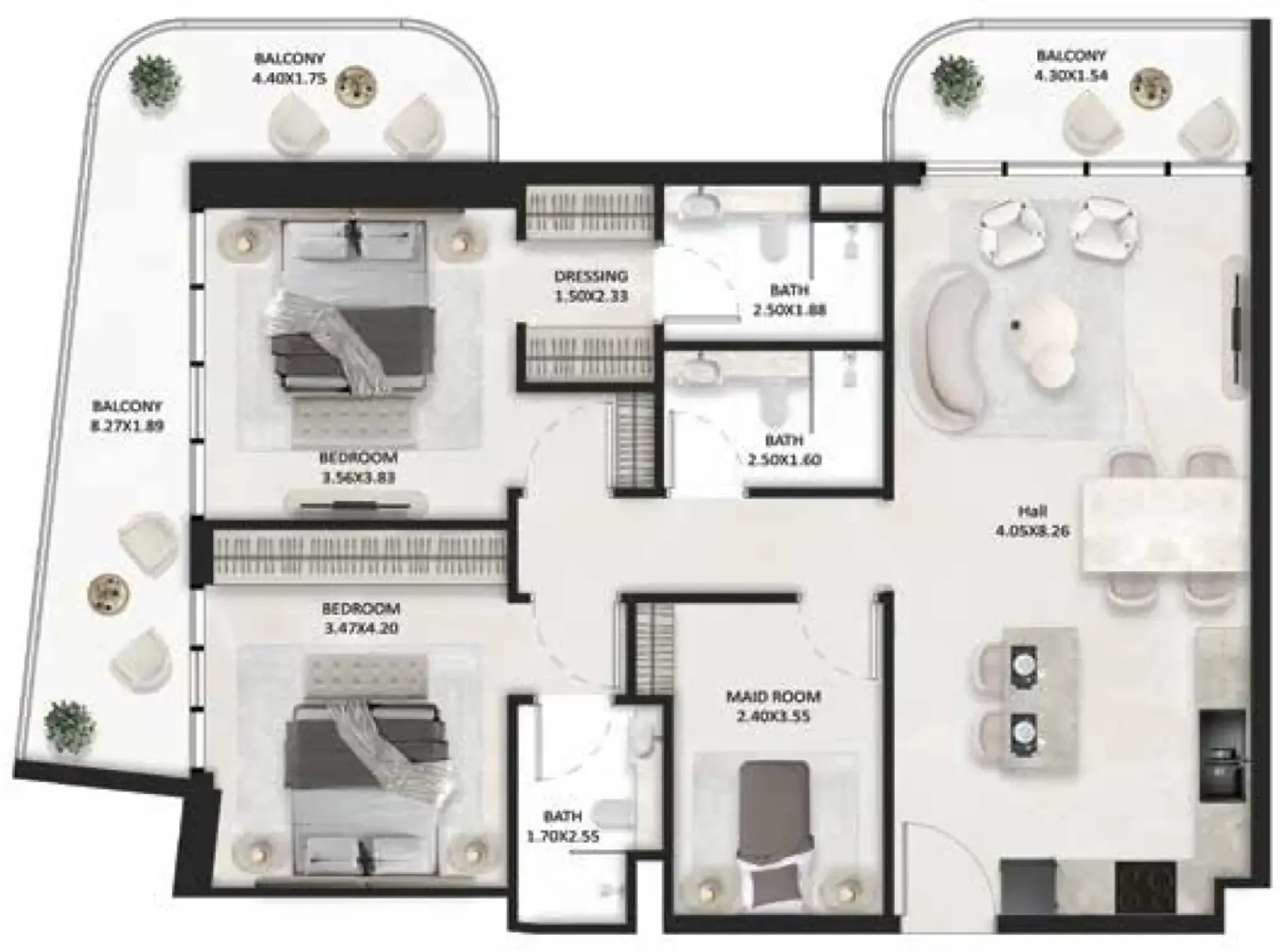 SquareX One 2 bed floor plan, 1,269 sqft