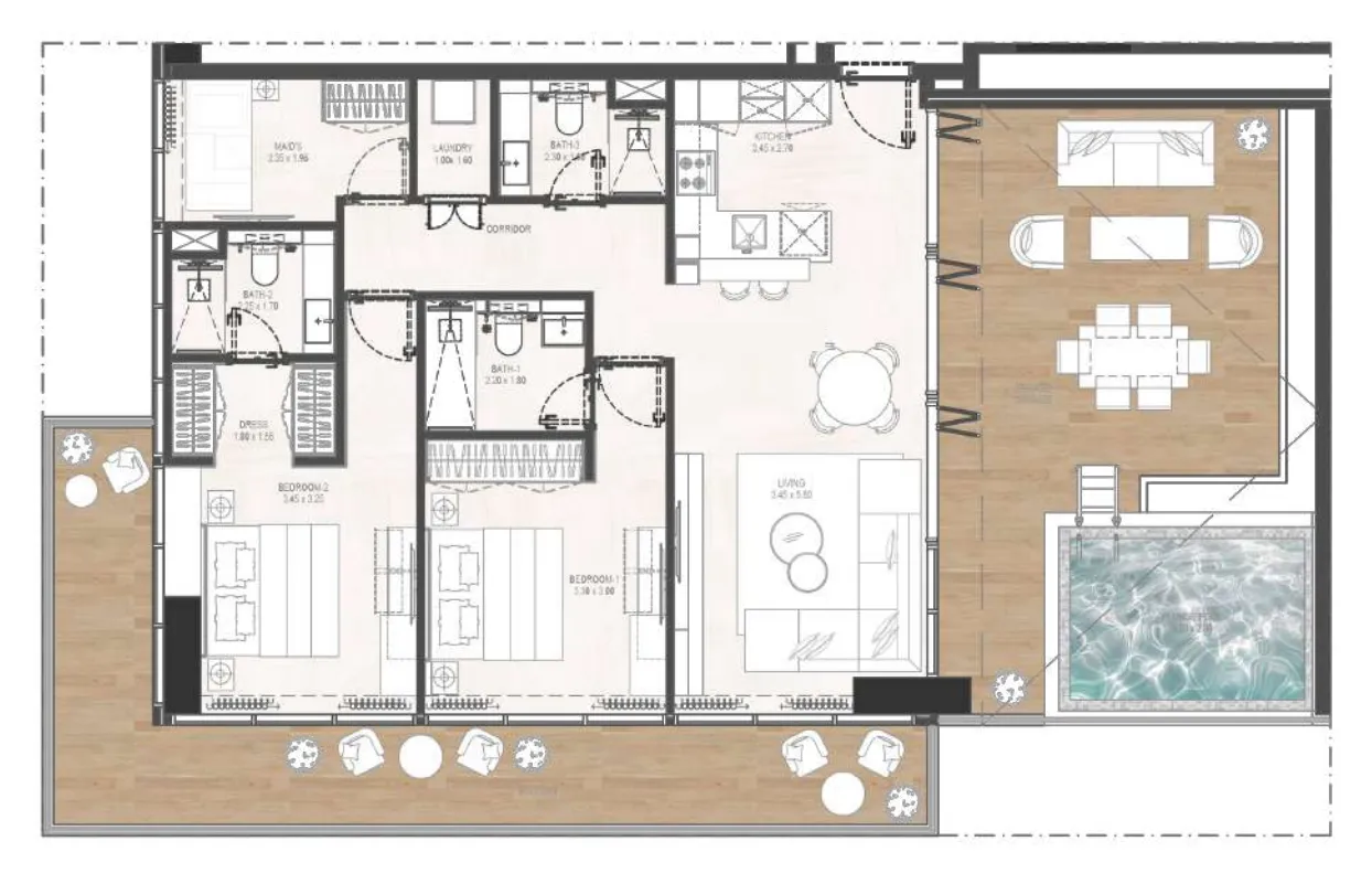 Gharbi 2 Residences 2 bed floor plan, 1,628 sqft