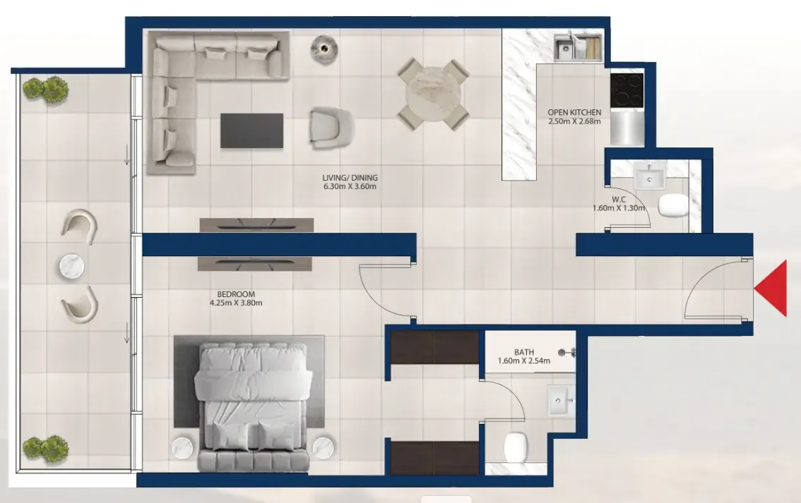 Al Vista 1 bed floor plan, 938 sqft
