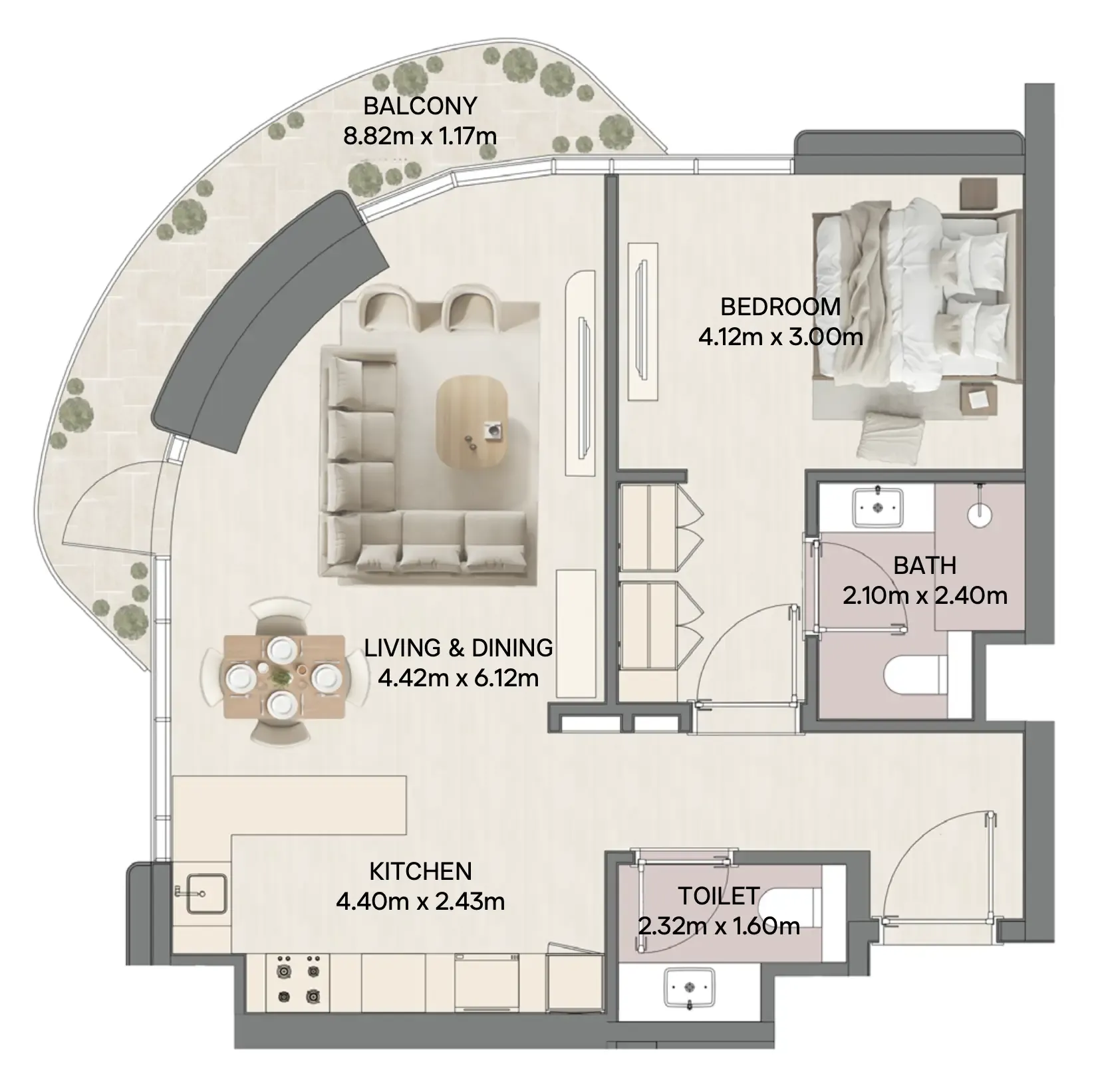 Mirasol Mina 1 bed floor plan, 1,098 sqft