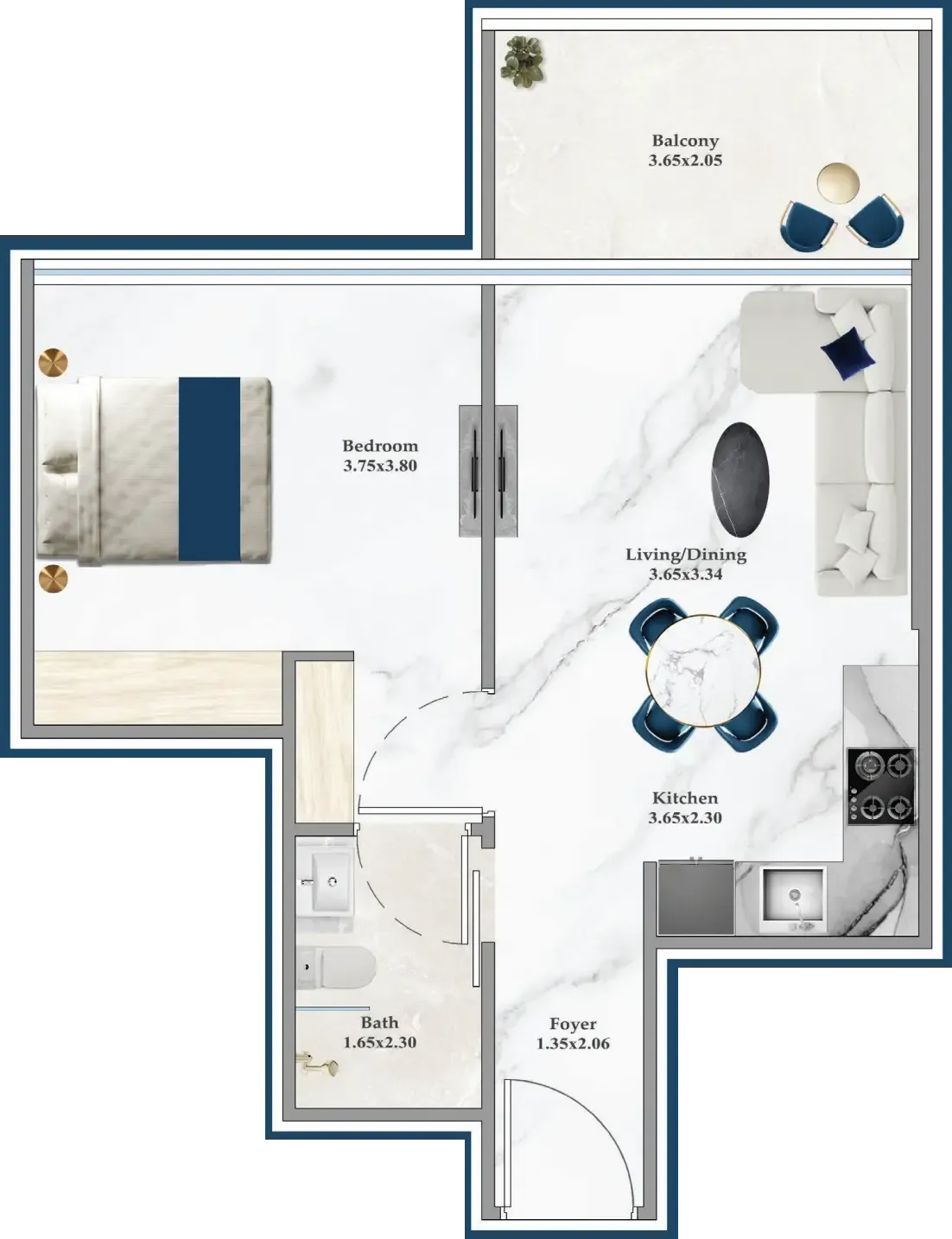 Serenz 1 bed floor plan, 541 sqft