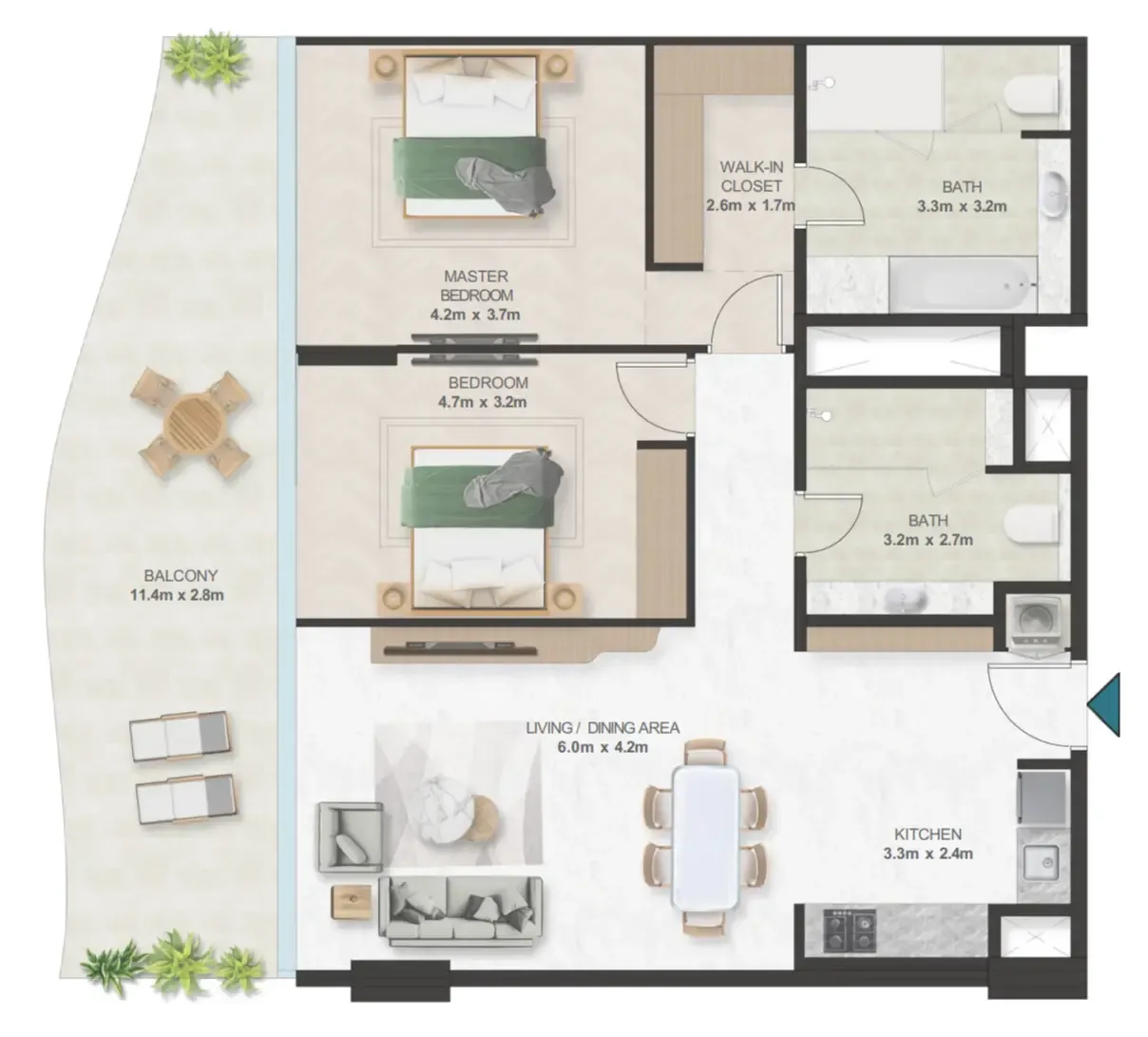 Oystra 2 bed floor plan, 1,428 sqft