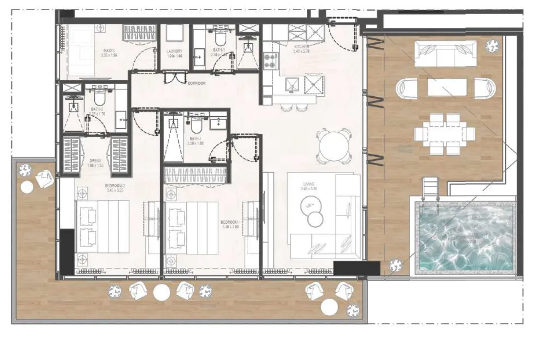 Gharbi 2 Residences 2 bed floor plan, 1,628 sqft