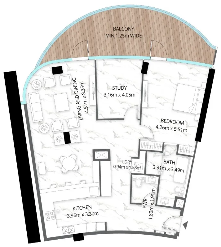 Aqua Arc 1 bed floor plan, 1,729 sqft