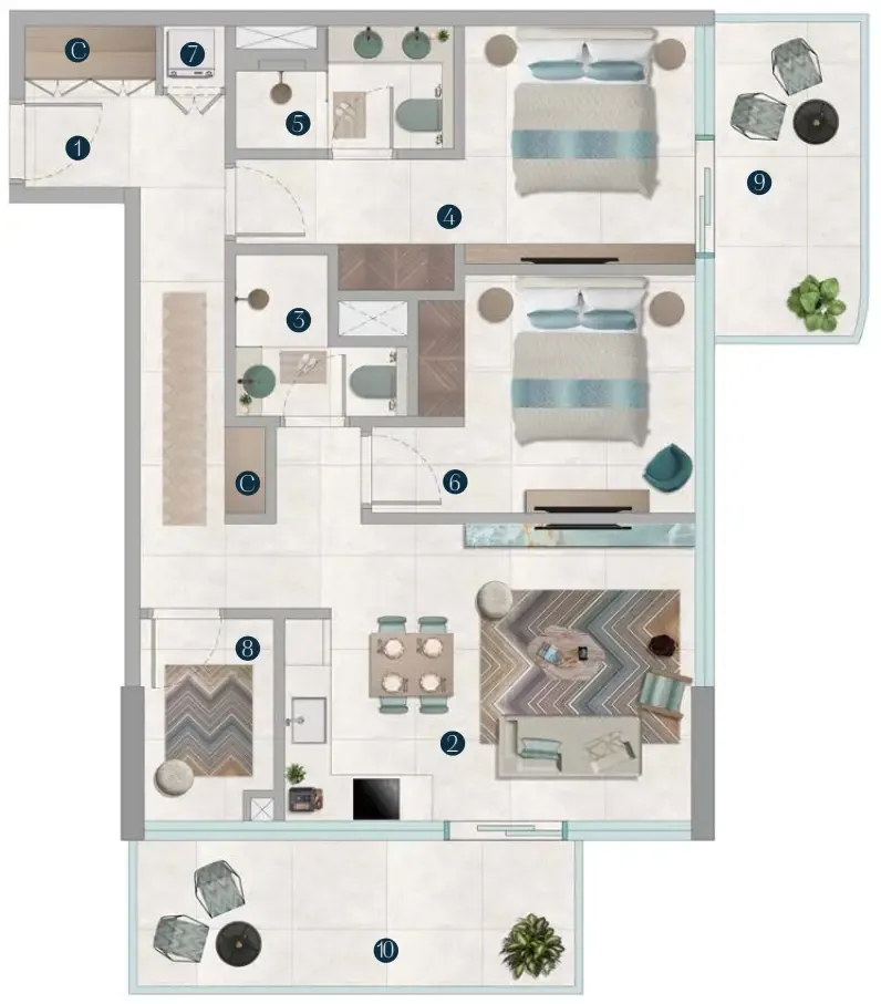 Octa Isle Interiors by Missoni 3 bed floor plan, 1,370 sqft